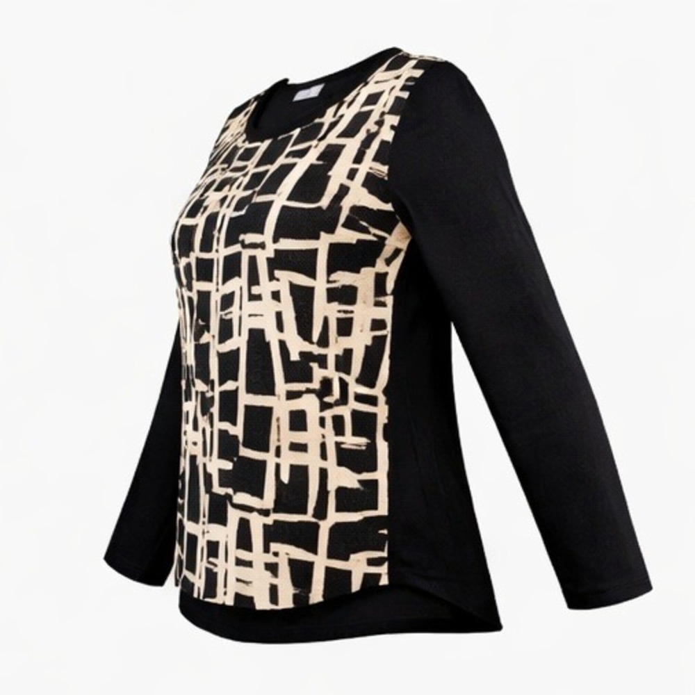 Chico's 2 Black Tan Geometric Print‎ Long Sleeve Scoop Neck Blouse Top Large - Picture 2 of 9